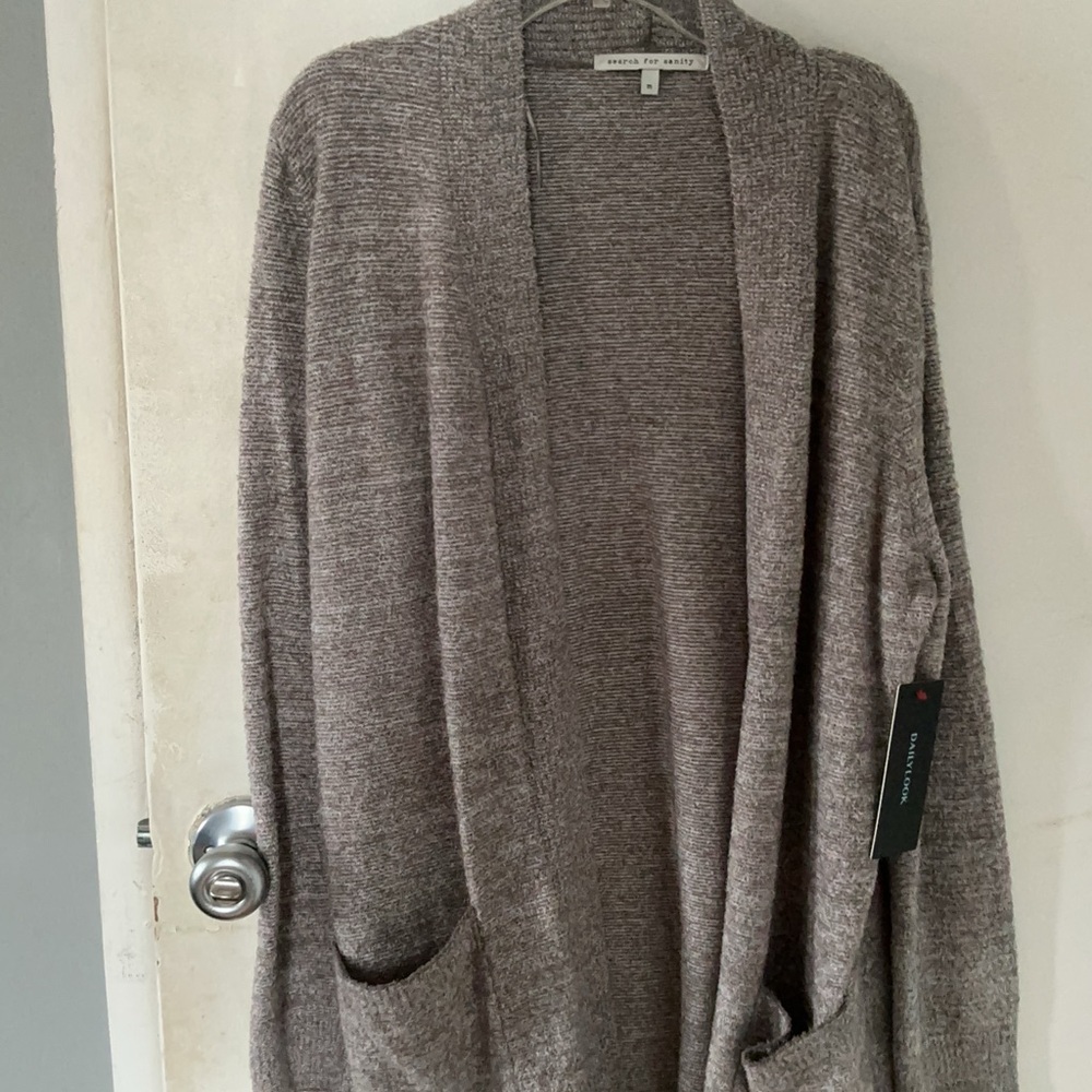 Barefoot Dreams Open-Front Taupe Knit Cardigan